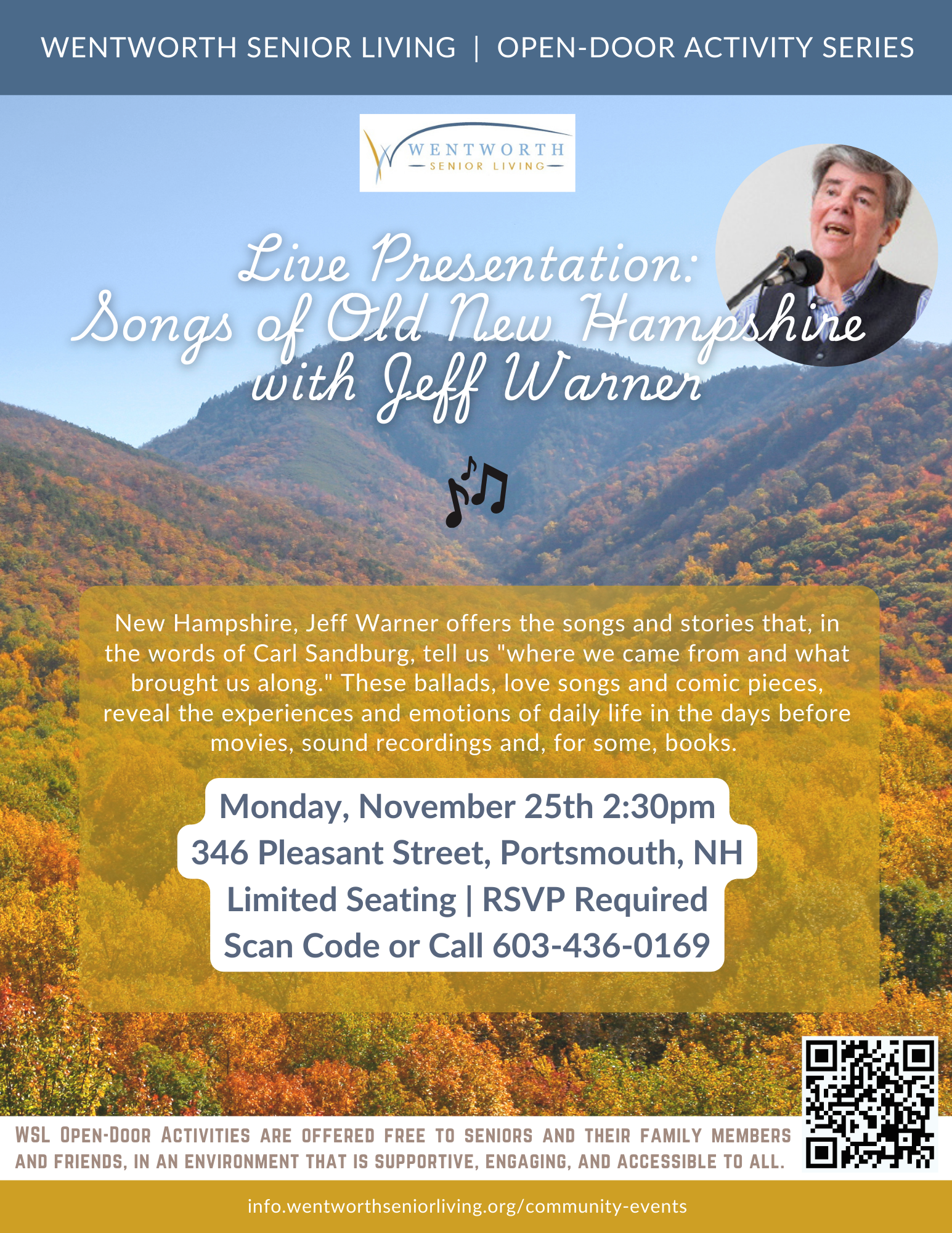 Live Presentation Songs of Old New Hampshire with Jeff Warner November 25th at 230pm at WSL Drawing heavily on the repertoire of traditional singer Lena Bourne Fish (1873-1945) of Jaffrey and Temp